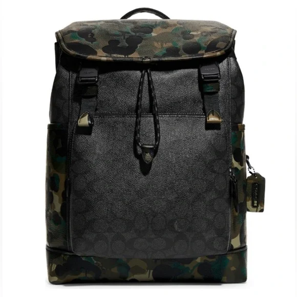 Coach Restored League Flap Backpack In Signature Canvas With Camo Print - Men's Backpacks - Green/black